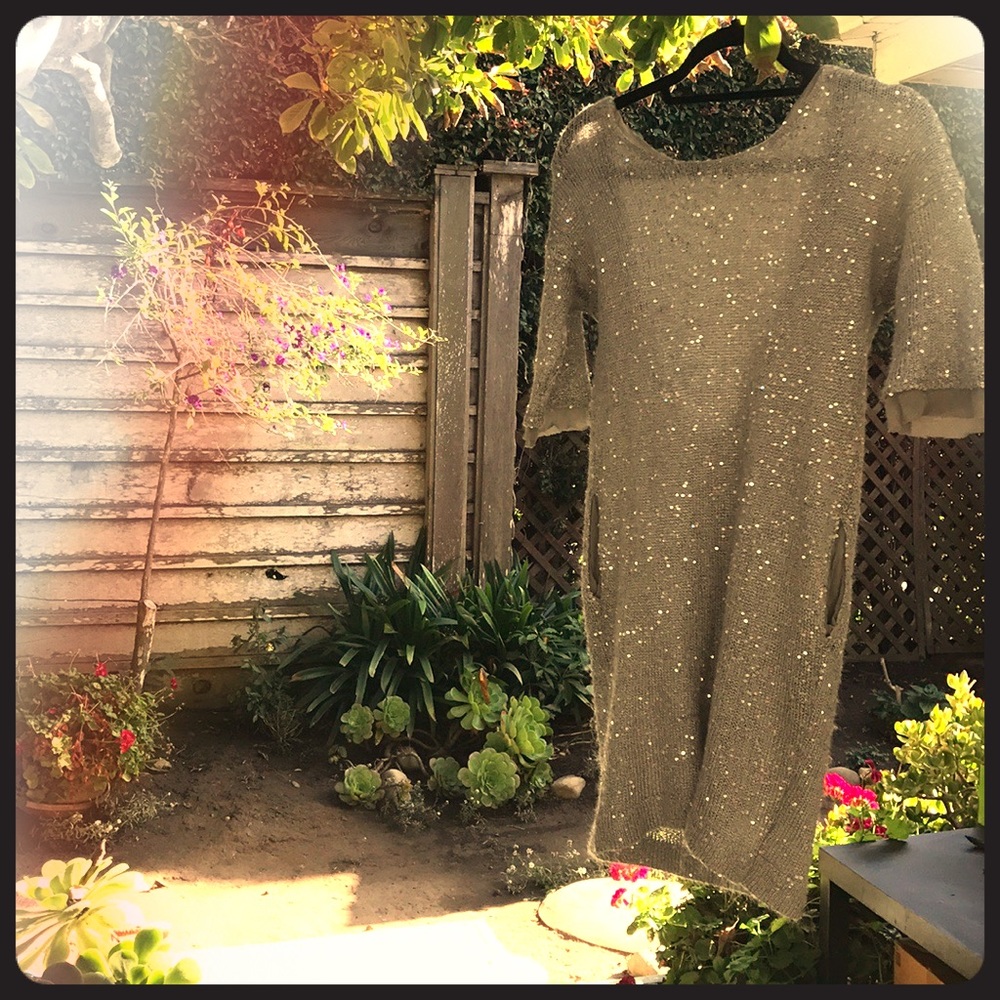 Sexy back, sparkly soft silver sweater w/ POCKETS